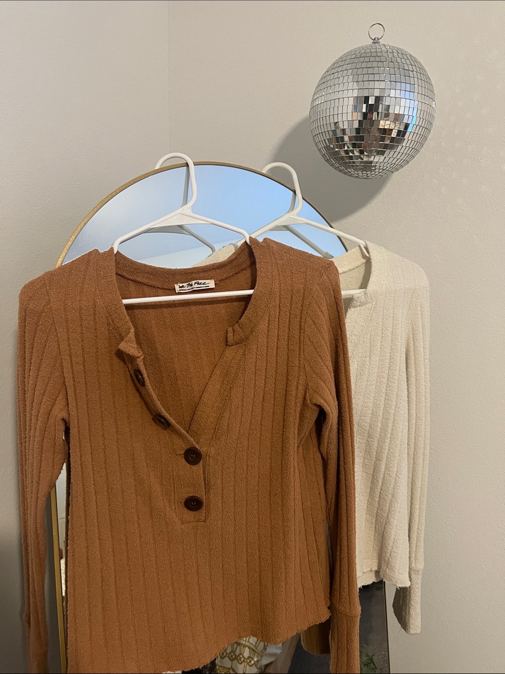 We the Free Ribbed Button Henley Tops Sz Medium (Orange and Ivory) include both